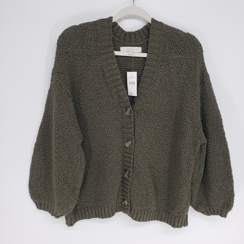 LOFT Textured Knit Button Up Cardigan Sweater Women XL Olive Green Chunky Cotton